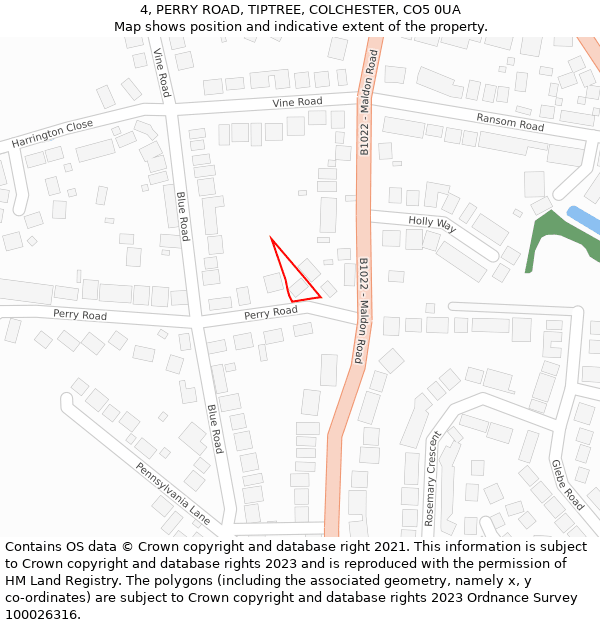 4, PERRY ROAD, TIPTREE, COLCHESTER, CO5 0UA: Location map and indicative extent of plot