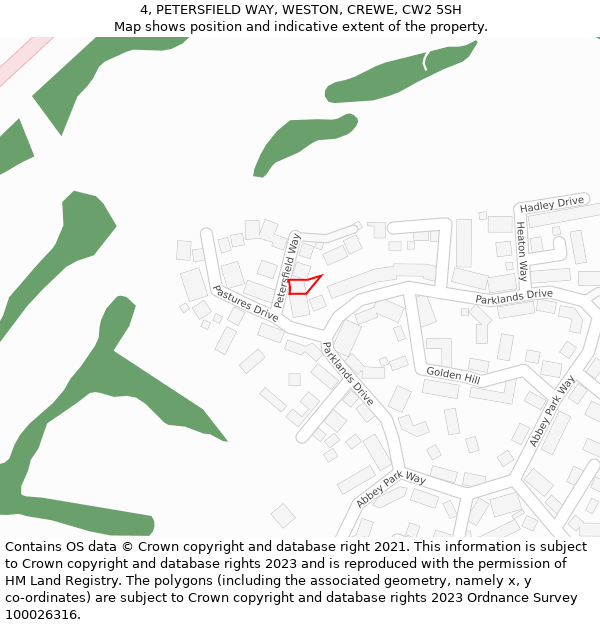 4, PETERSFIELD WAY, WESTON, CREWE, CW2 5SH: Location map and indicative extent of plot