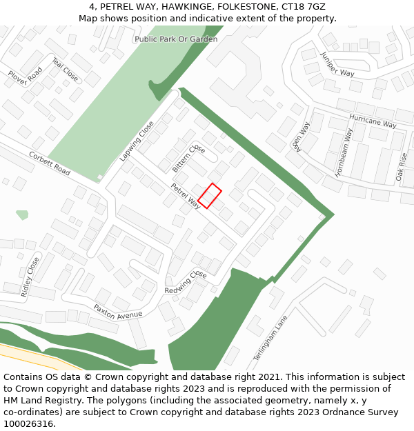 4, PETREL WAY, HAWKINGE, FOLKESTONE, CT18 7GZ: Location map and indicative extent of plot