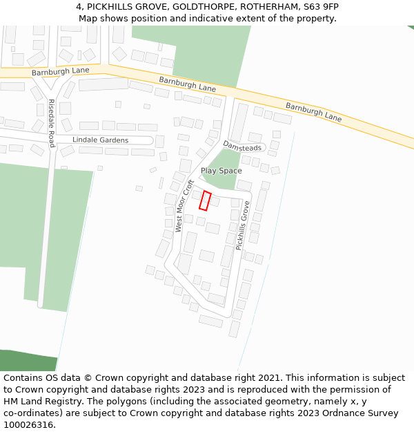 4, PICKHILLS GROVE, GOLDTHORPE, ROTHERHAM, S63 9FP: Location map and indicative extent of plot