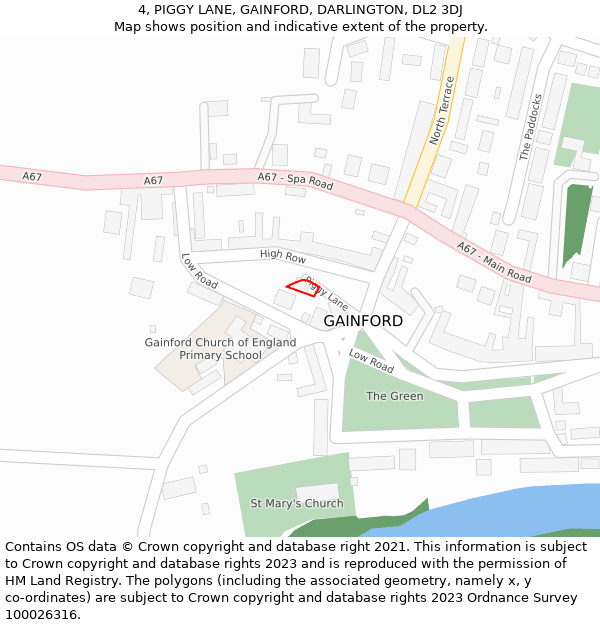 4, PIGGY LANE, GAINFORD, DARLINGTON, DL2 3DJ: Location map and indicative extent of plot