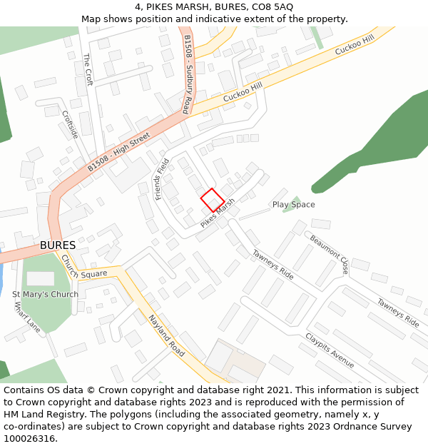 4, PIKES MARSH, BURES, CO8 5AQ: Location map and indicative extent of plot