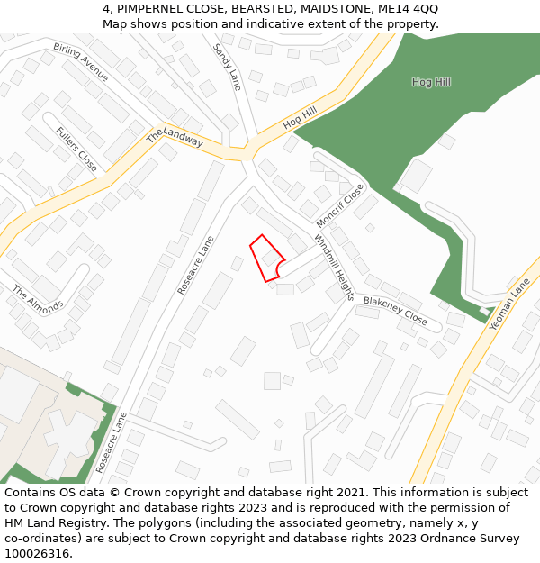 4, PIMPERNEL CLOSE, BEARSTED, MAIDSTONE, ME14 4QQ: Location map and indicative extent of plot