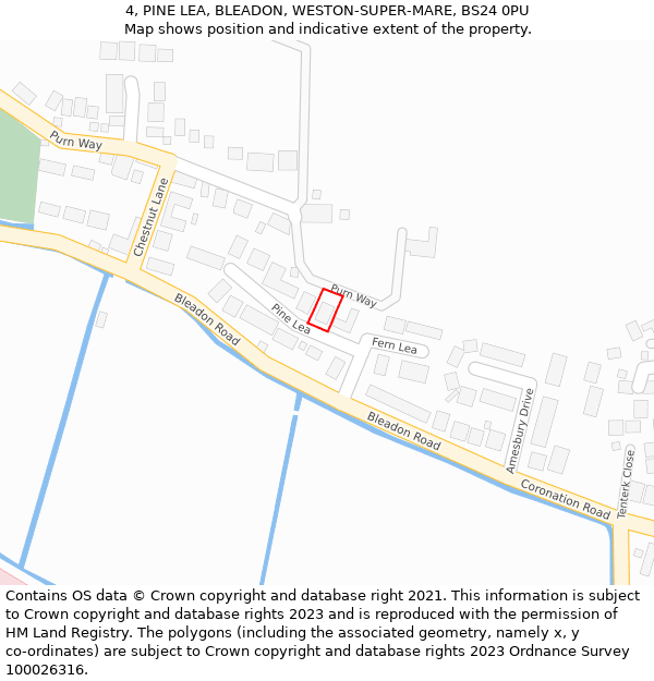 4, PINE LEA, BLEADON, WESTON-SUPER-MARE, BS24 0PU: Location map and indicative extent of plot