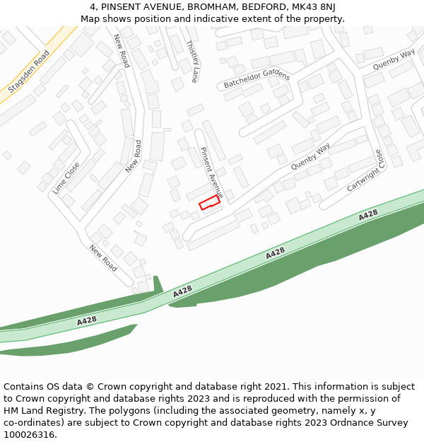 4, PINSENT AVENUE, BROMHAM, BEDFORD, MK43 8NJ: Location map and indicative extent of plot