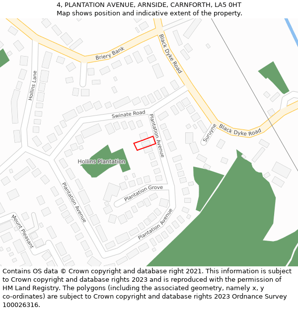 4, PLANTATION AVENUE, ARNSIDE, CARNFORTH, LA5 0HT: Location map and indicative extent of plot