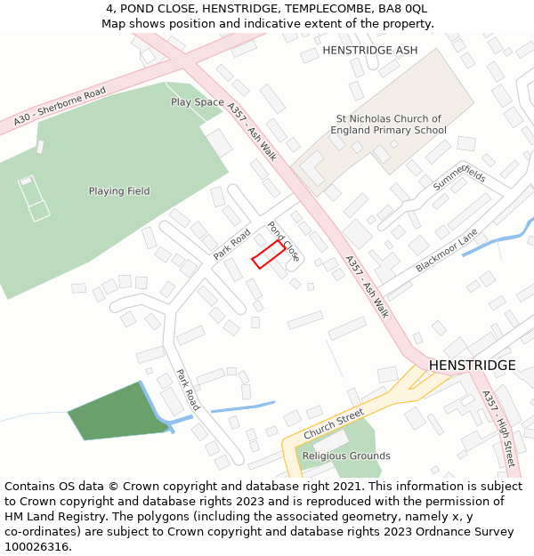 4, POND CLOSE, HENSTRIDGE, TEMPLECOMBE, BA8 0QL: Location map and indicative extent of plot