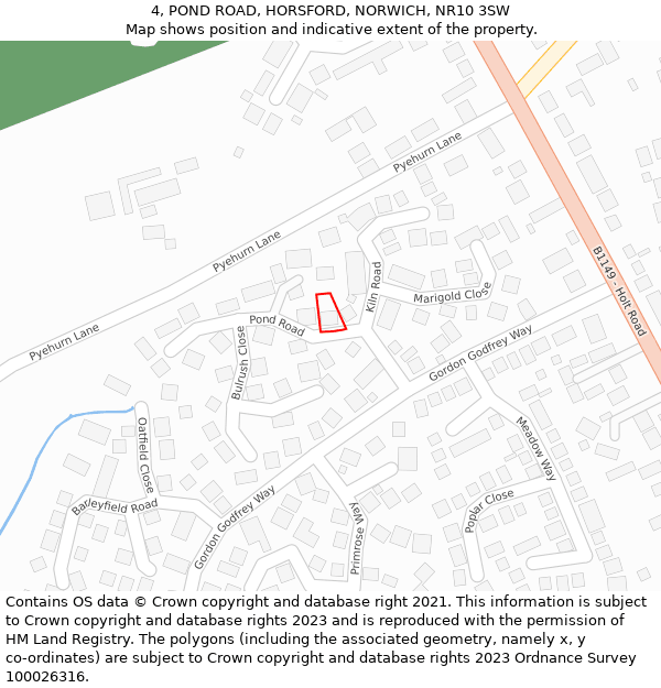 4, POND ROAD, HORSFORD, NORWICH, NR10 3SW: Location map and indicative extent of plot