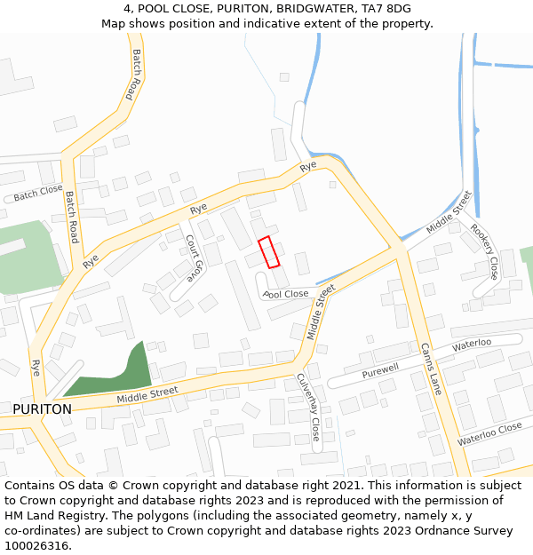 4, POOL CLOSE, PURITON, BRIDGWATER, TA7 8DG: Location map and indicative extent of plot