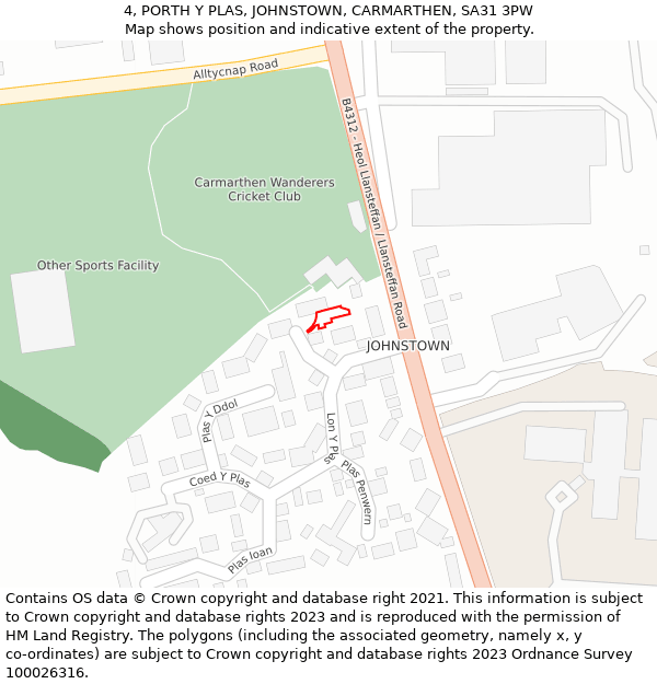 4, PORTH Y PLAS, JOHNSTOWN, CARMARTHEN, SA31 3PW: Location map and indicative extent of plot