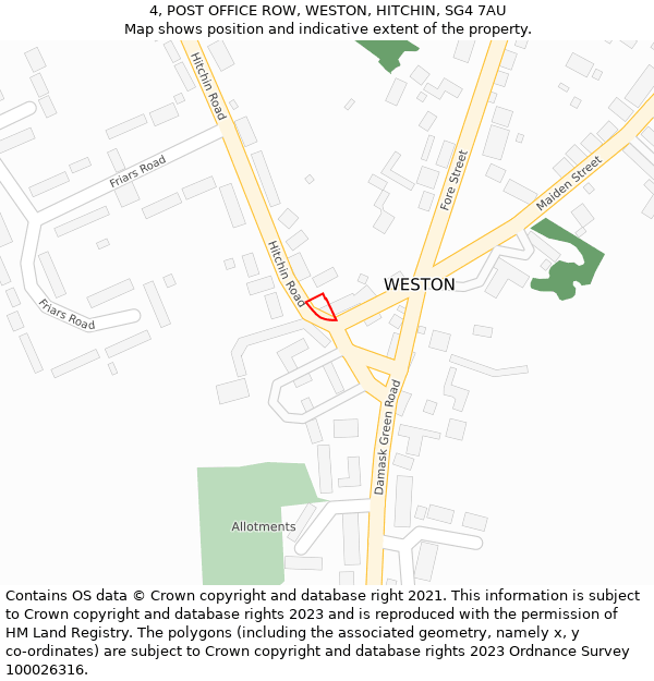 4, POST OFFICE ROW, WESTON, HITCHIN, SG4 7AU: Location map and indicative extent of plot