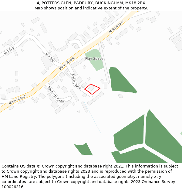 4, POTTERS GLEN, PADBURY, BUCKINGHAM, MK18 2BX: Location map and indicative extent of plot