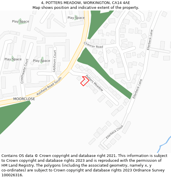 4, POTTERS MEADOW, WORKINGTON, CA14 4AE: Location map and indicative extent of plot