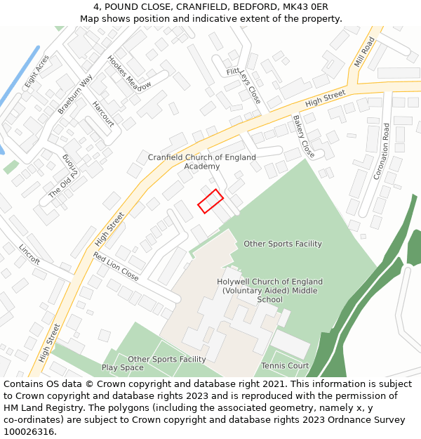 4, POUND CLOSE, CRANFIELD, BEDFORD, MK43 0ER: Location map and indicative extent of plot