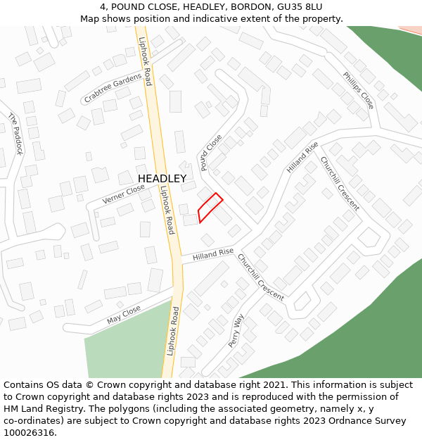 4, POUND CLOSE, HEADLEY, BORDON, GU35 8LU: Location map and indicative extent of plot