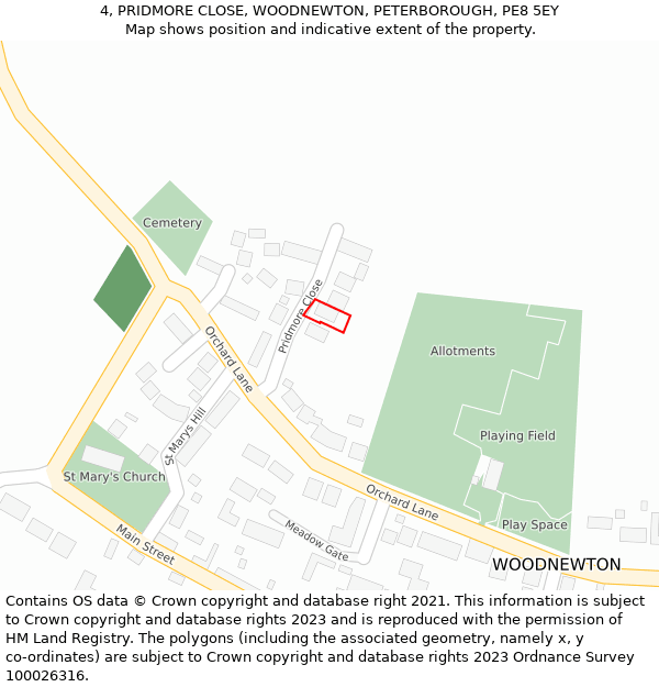 4, PRIDMORE CLOSE, WOODNEWTON, PETERBOROUGH, PE8 5EY: Location map and indicative extent of plot