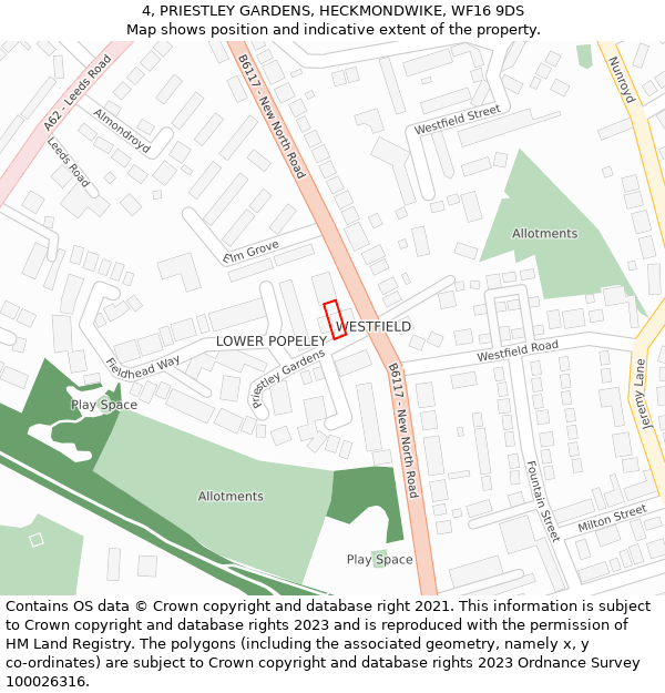 4, PRIESTLEY GARDENS, HECKMONDWIKE, WF16 9DS: Location map and indicative extent of plot