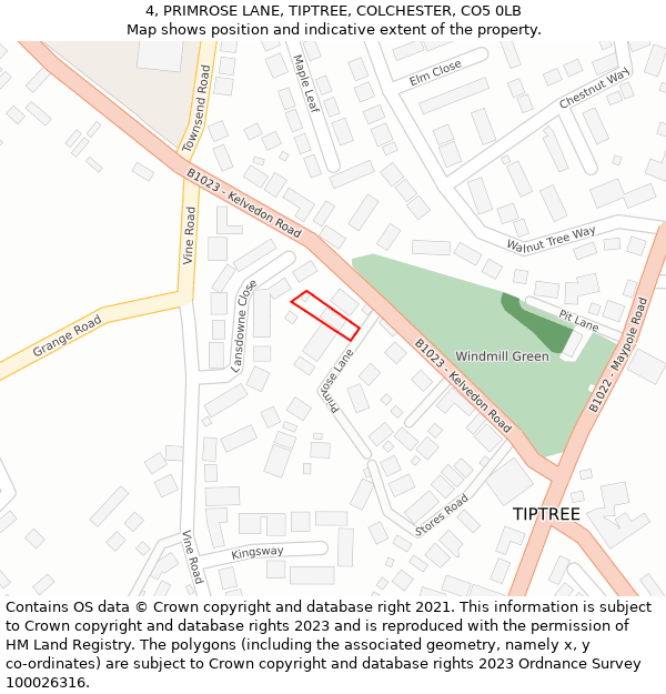 4, PRIMROSE LANE, TIPTREE, COLCHESTER, CO5 0LB: Location map and indicative extent of plot