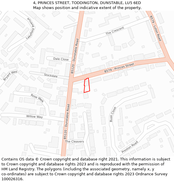 4, PRINCES STREET, TODDINGTON, DUNSTABLE, LU5 6ED: Location map and indicative extent of plot