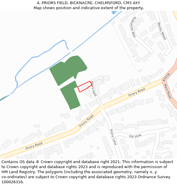 4, PRIORS FIELD, BICKNACRE, CHELMSFORD, CM3 4XY: Location map and indicative extent of plot