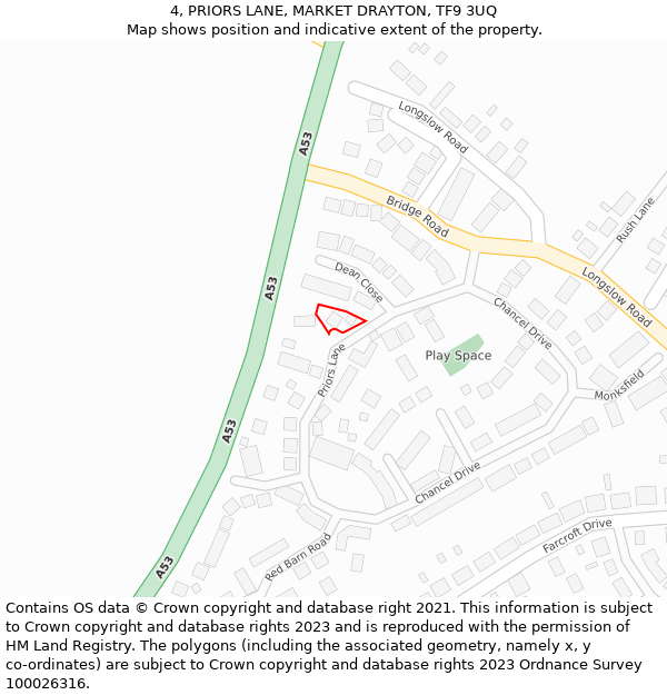 4, PRIORS LANE, MARKET DRAYTON, TF9 3UQ: Location map and indicative extent of plot