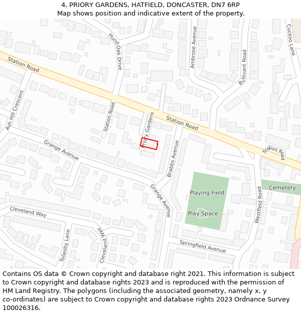 4, PRIORY GARDENS, HATFIELD, DONCASTER, DN7 6RP: Location map and indicative extent of plot