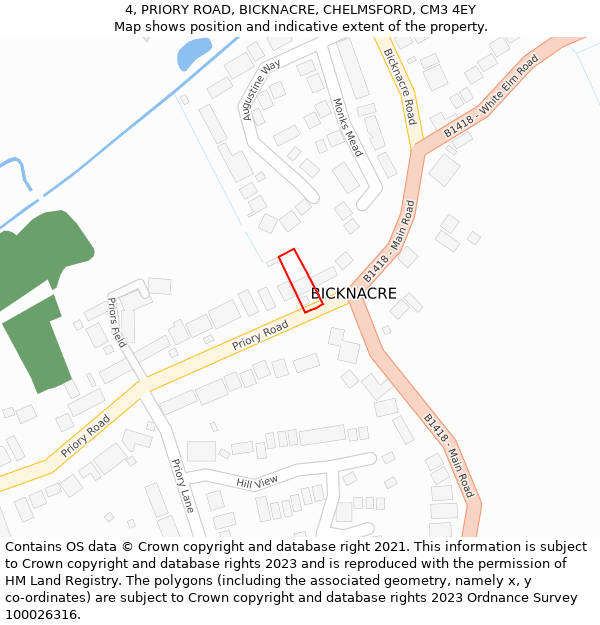 4, PRIORY ROAD, BICKNACRE, CHELMSFORD, CM3 4EY: Location map and indicative extent of plot