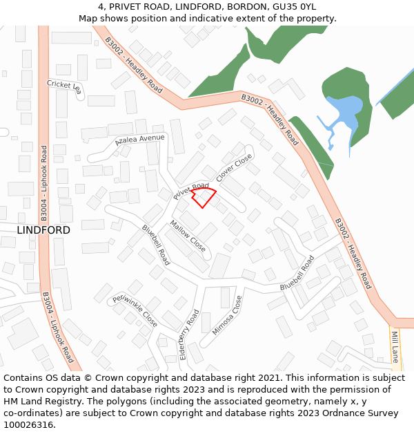 4, PRIVET ROAD, LINDFORD, BORDON, GU35 0YL: Location map and indicative extent of plot