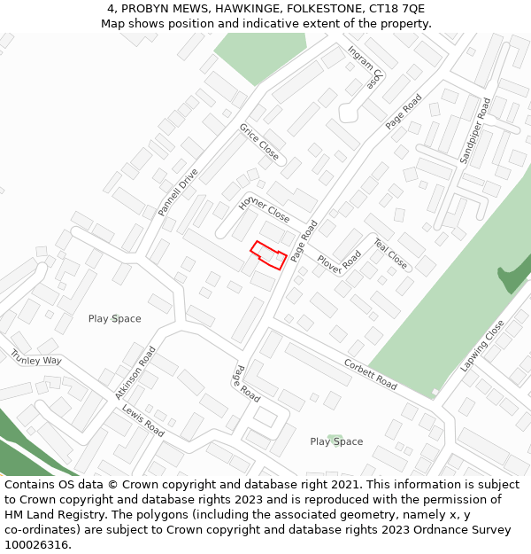 4, PROBYN MEWS, HAWKINGE, FOLKESTONE, CT18 7QE: Location map and indicative extent of plot