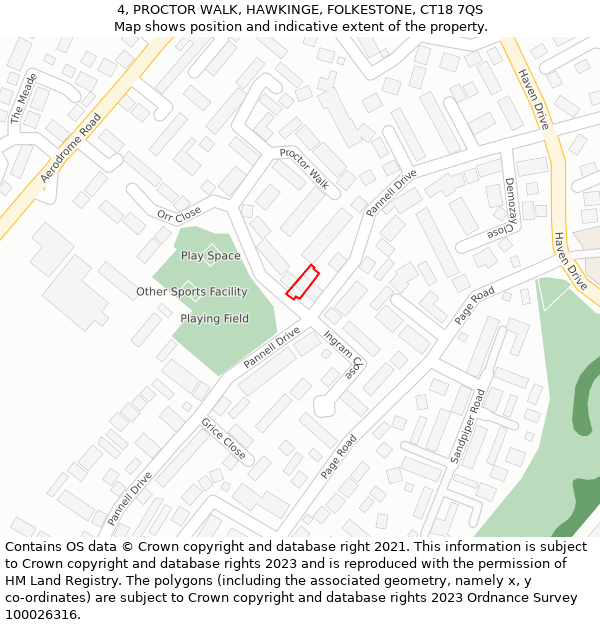 4, PROCTOR WALK, HAWKINGE, FOLKESTONE, CT18 7QS: Location map and indicative extent of plot