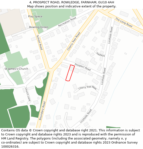 4, PROSPECT ROAD, ROWLEDGE, FARNHAM, GU10 4AH: Location map and indicative extent of plot