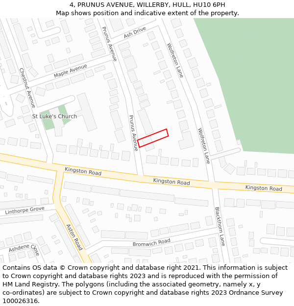 4, PRUNUS AVENUE, WILLERBY, HULL, HU10 6PH: Location map and indicative extent of plot