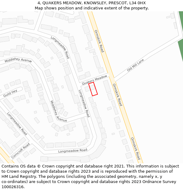 4, QUAKERS MEADOW, KNOWSLEY, PRESCOT, L34 0HX: Location map and indicative extent of plot