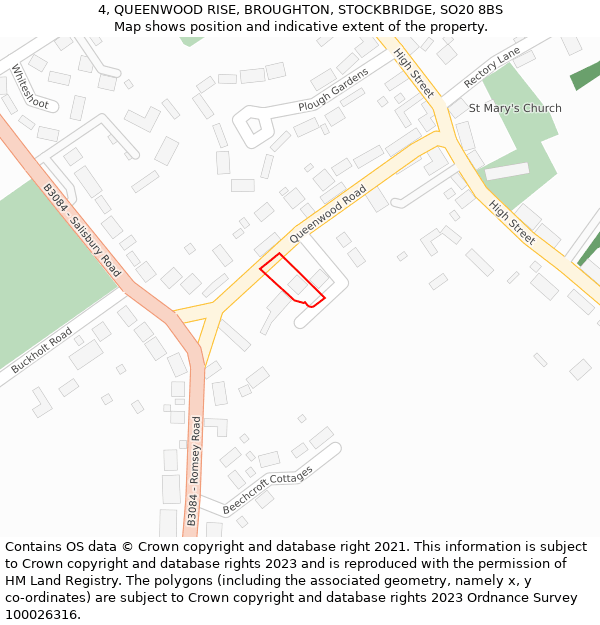 4, QUEENWOOD RISE, BROUGHTON, STOCKBRIDGE, SO20 8BS: Location map and indicative extent of plot