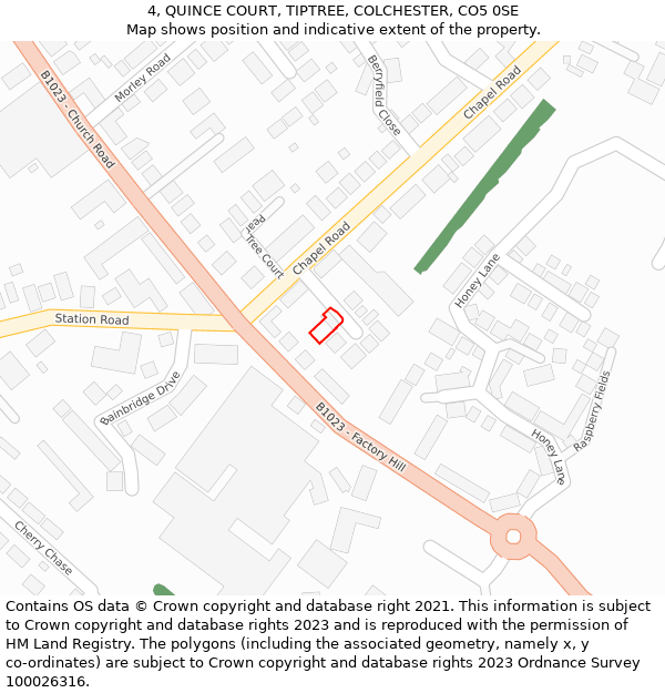 4, QUINCE COURT, TIPTREE, COLCHESTER, CO5 0SE: Location map and indicative extent of plot