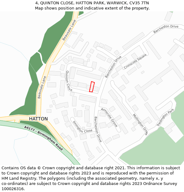 4, QUINTON CLOSE, HATTON PARK, WARWICK, CV35 7TN: Location map and indicative extent of plot