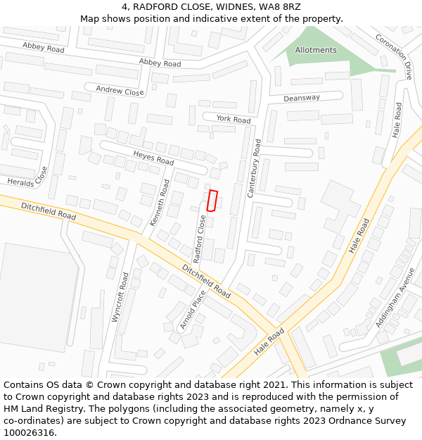 4, RADFORD CLOSE, WIDNES, WA8 8RZ: Location map and indicative extent of plot