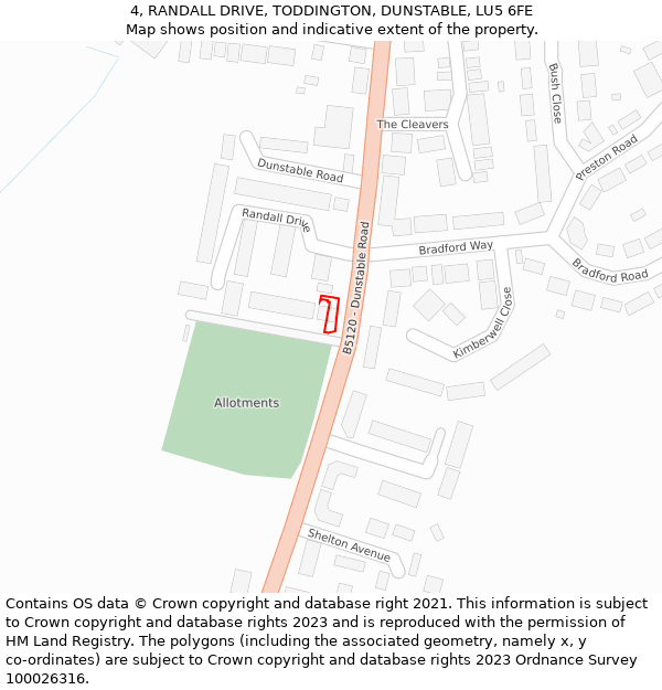 4, RANDALL DRIVE, TODDINGTON, DUNSTABLE, LU5 6FE: Location map and indicative extent of plot