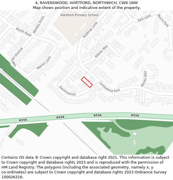 4, RAVENSWOOD, HARTFORD, NORTHWICH, CW8 1NW: Location map and indicative extent of plot