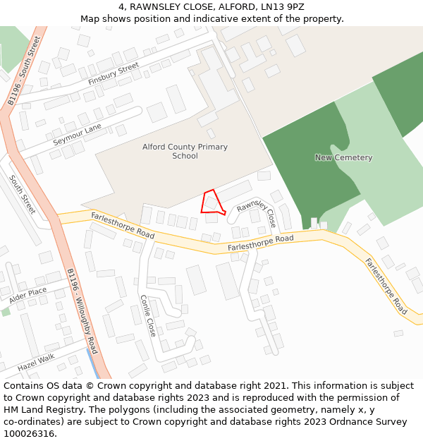 4, RAWNSLEY CLOSE, ALFORD, LN13 9PZ: Location map and indicative extent of plot