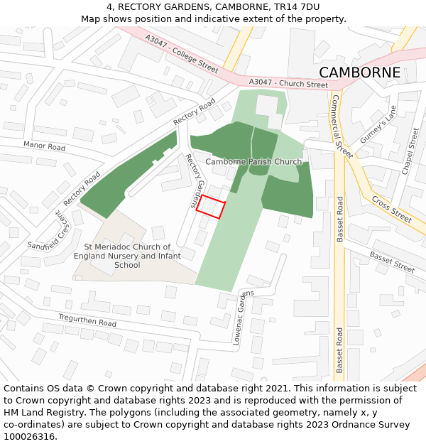 4, RECTORY GARDENS, CAMBORNE, TR14 7DU: Location map and indicative extent of plot