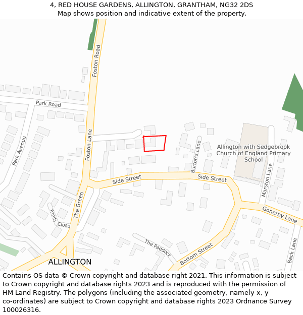 4, RED HOUSE GARDENS, ALLINGTON, GRANTHAM, NG32 2DS: Location map and indicative extent of plot