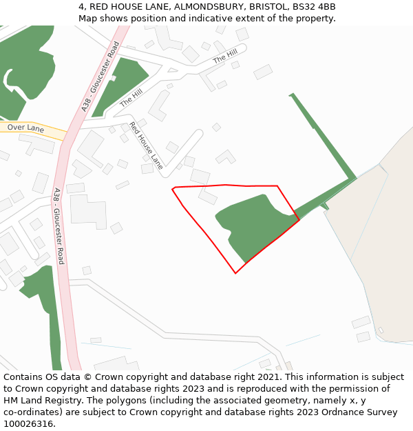 4, RED HOUSE LANE, ALMONDSBURY, BRISTOL, BS32 4BB: Location map and indicative extent of plot