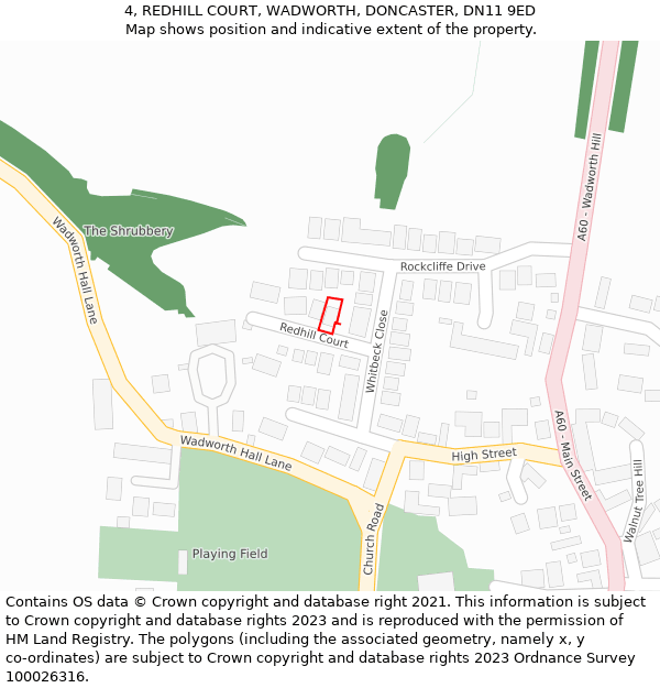4, REDHILL COURT, WADWORTH, DONCASTER, DN11 9ED: Location map and indicative extent of plot