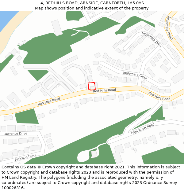 4, REDHILLS ROAD, ARNSIDE, CARNFORTH, LA5 0AS: Location map and indicative extent of plot