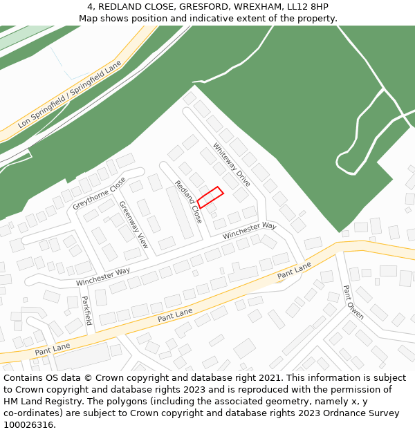 4, REDLAND CLOSE, GRESFORD, WREXHAM, LL12 8HP: Location map and indicative extent of plot