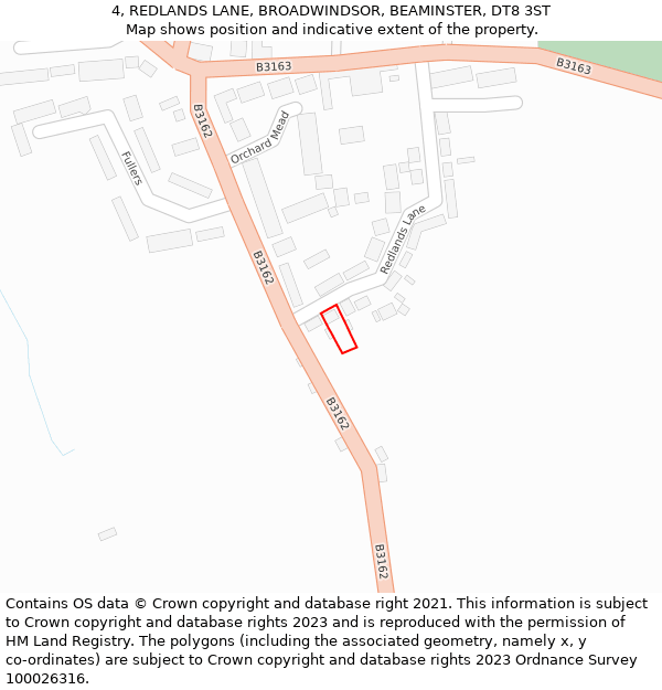 4, REDLANDS LANE, BROADWINDSOR, BEAMINSTER, DT8 3ST: Location map and indicative extent of plot