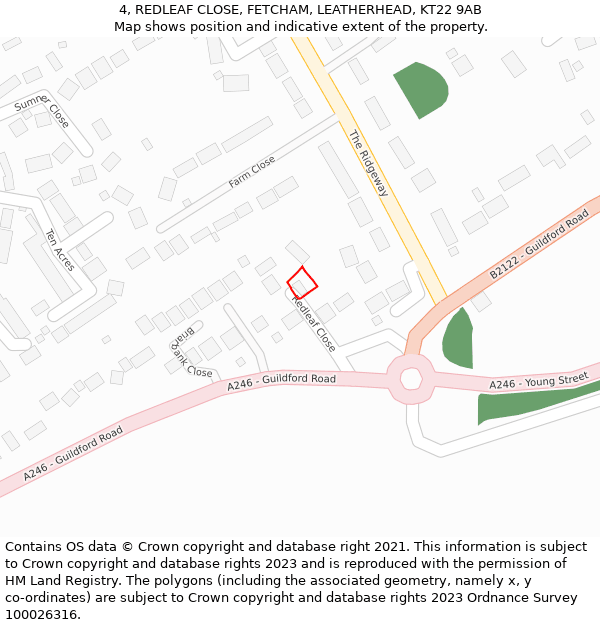 4, REDLEAF CLOSE, FETCHAM, LEATHERHEAD, KT22 9AB: Location map and indicative extent of plot