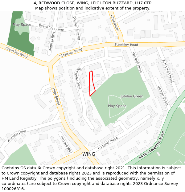 4, REDWOOD CLOSE, WING, LEIGHTON BUZZARD, LU7 0TP: Location map and indicative extent of plot