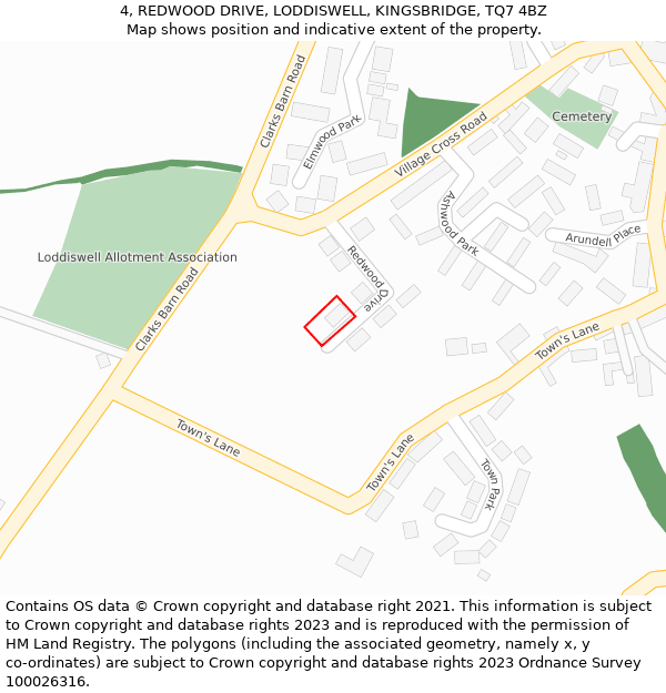 4, REDWOOD DRIVE, LODDISWELL, KINGSBRIDGE, TQ7 4BZ: Location map and indicative extent of plot